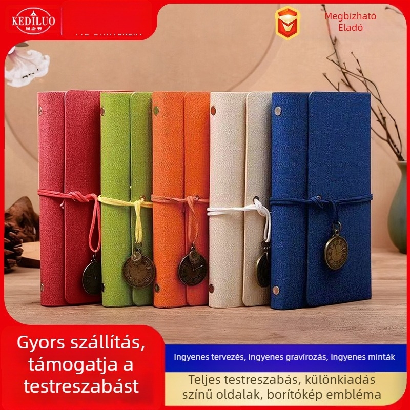 Retro stílusú jegyzetfüzet logónyomott borítóval és pánttal, oldalleveles kötés, Dowling papír 80 g/m², 50–100 oldal