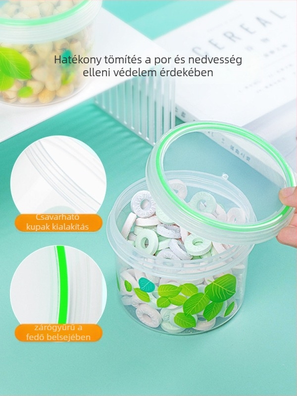 Műanyag tárolóedény tejporhoz, tealevelekhez és szárított gyümölcsökhöz – kör alakú, max. 300 ml, mikrohullámú sütőben használható