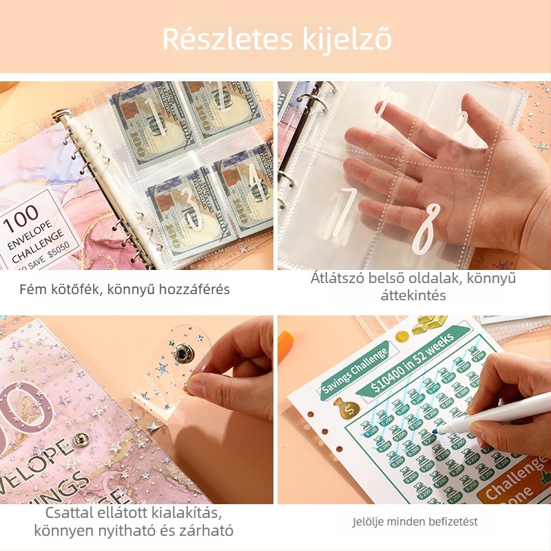 Jereda 100 napos készpénz-megtakarítási mappa, 6 lyukas, 25 lap, belső oldal kartonból, modell Plastic-001