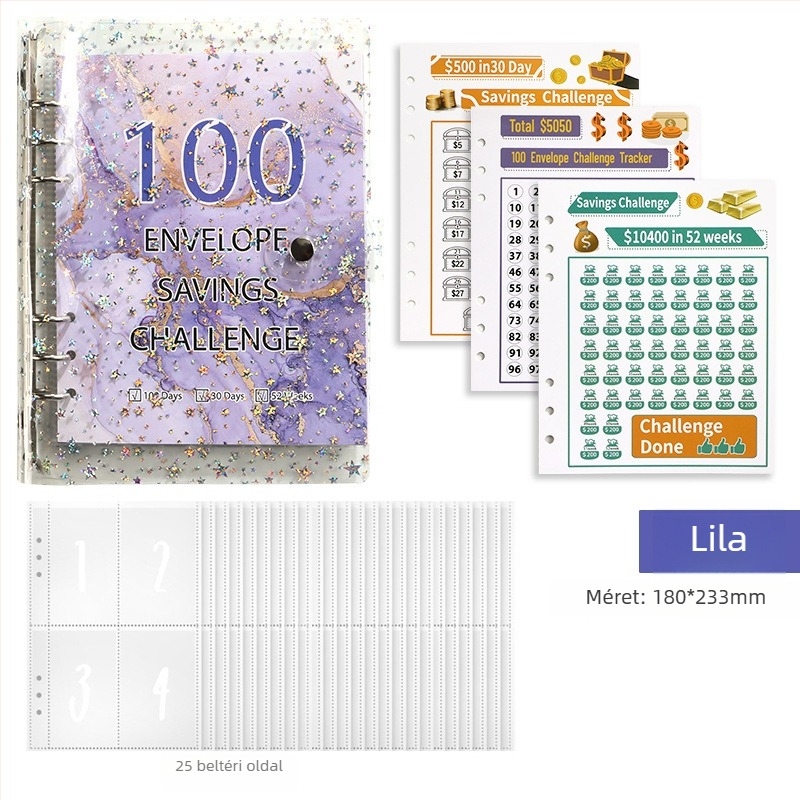 Jereda 100 napos készpénz-megtakarítási mappa, 6 lyukas, 25 lap, belső oldal kartonból, modell Plastic-001