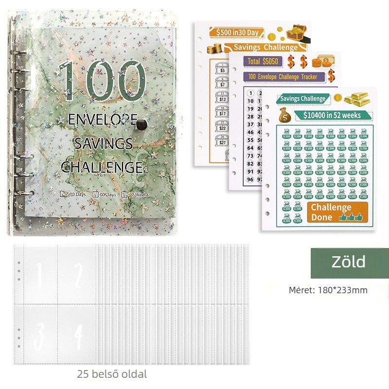 Jereda 100 napos készpénz-megtakarítási mappa, 6 lyukas, 25 lap, belső oldal kartonból, modell Plastic-001