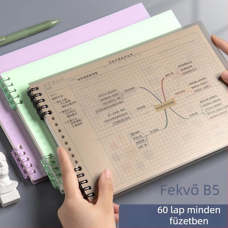 Mind Mapping jegyzetfüzet diákoknak, B5 méret, eltávolítható aktív oldalcsere mag, rácsos oldalak, 60 oldal, 26 lyuk