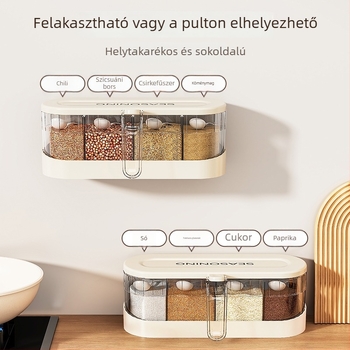 Falira szerelhető fűszerdoboz készlet a háztartási konyhához, több rekeszes, lezárható fűszertartók.