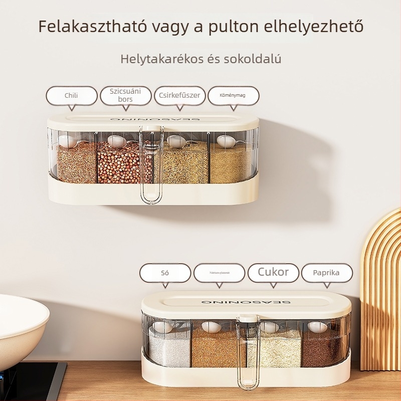 Falira szerelhető fűszerdoboz készlet a háztartási konyhához, több rekeszes, lezárható fűszertartók.