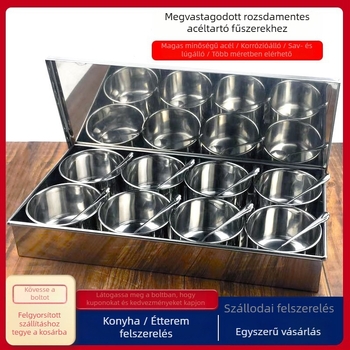 Rozsdamentes acélból készült kerek fűszeres tároló készlet fedéllel – éttermi és otthoni konyhai használatra