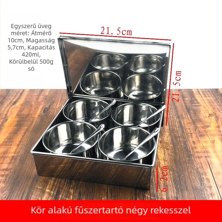 Rozsdamentes acélból készült kerek fűszeres tároló készlet fedéllel – éttermi és otthoni konyhai használatra