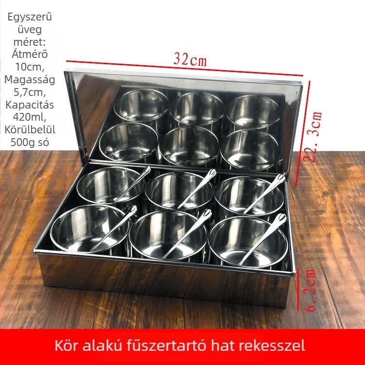Rozsdamentes acélból készült kerek fűszeres tároló készlet fedéllel – éttermi és otthoni konyhai használatra