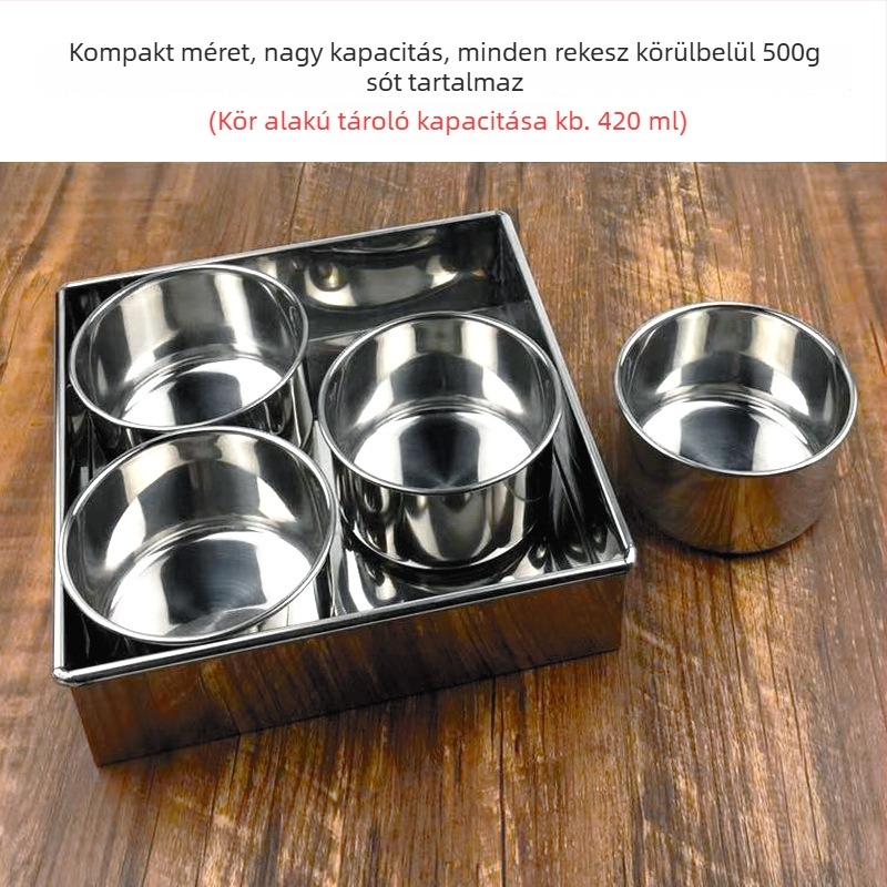 Rozsdamentes acélból készült kerek fűszeres tároló készlet fedéllel – éttermi és otthoni konyhai használatra