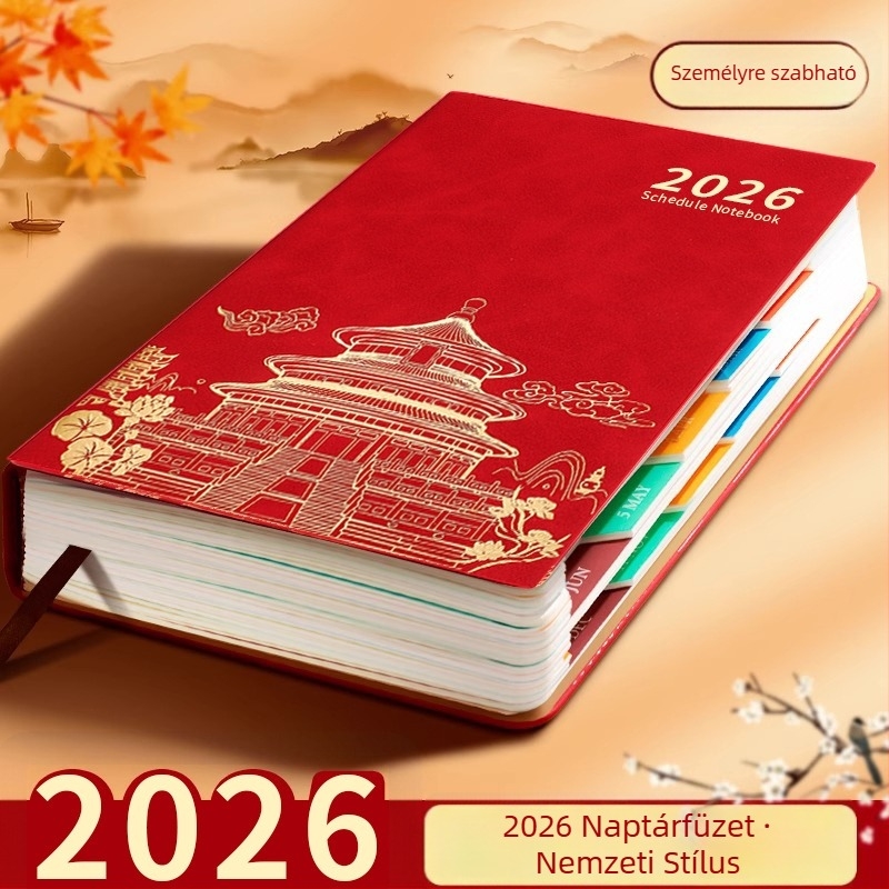 2026-os napló-tervező: 365 napi terv, heti terv, nemzeti trend stílus, műbőr hatású fedél, vonalas kötés, Dowling papír 80 g/m², több mint 400 oldal