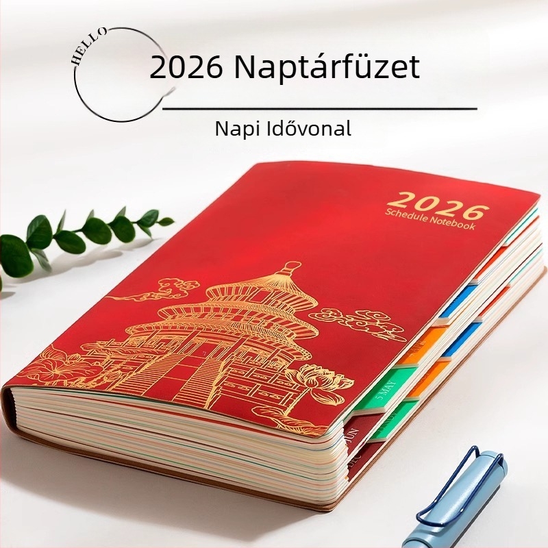2026-os napló-tervező: 365 napi terv, heti terv, nemzeti trend stílus, műbőr hatású fedél, vonalas kötés, Dowling papír 80 g/m², több mint 400 oldal