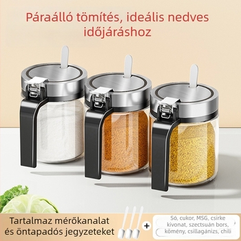 Üveg fűszeres tároló nedvességzáró fedéllel, nagy kapacitású sóhoz és borshoz, egyérintéses nyitás