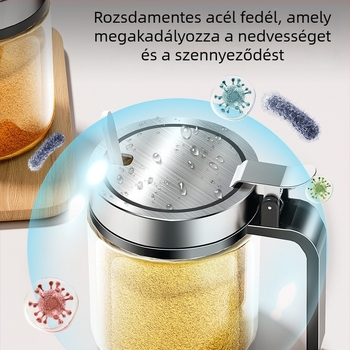 Üveg fűszeres tároló nedvességzáró fedéllel, nagy kapacitású sóhoz és borshoz, egyérintéses nyitás
