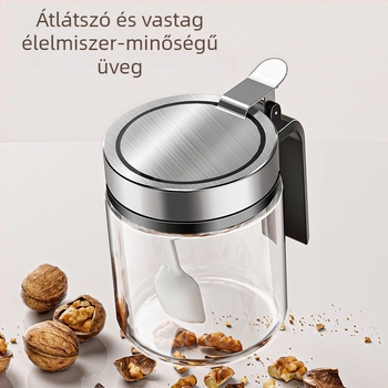 Üveg fűszeres tároló nedvességzáró fedéllel, nagy kapacitású sóhoz és borshoz, egyérintéses nyitás