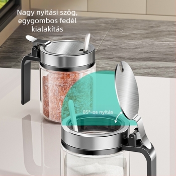 Üveg fűszeres tároló nedvességzáró fedéllel, nagy kapacitású sóhoz és borshoz, egyérintéses nyitás