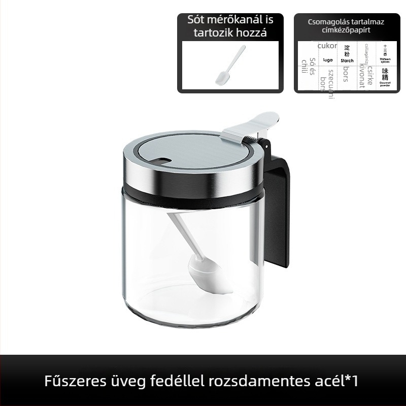 Üveg fűszeres tároló nedvességzáró fedéllel, nagy kapacitású sóhoz és borshoz, egyérintéses nyitás