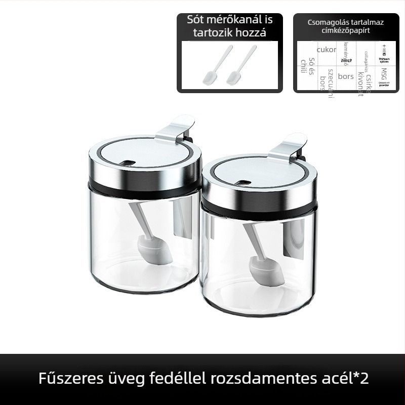 Üveg fűszeres tároló nedvességzáró fedéllel, nagy kapacitású sóhoz és borshoz, egyérintéses nyitás