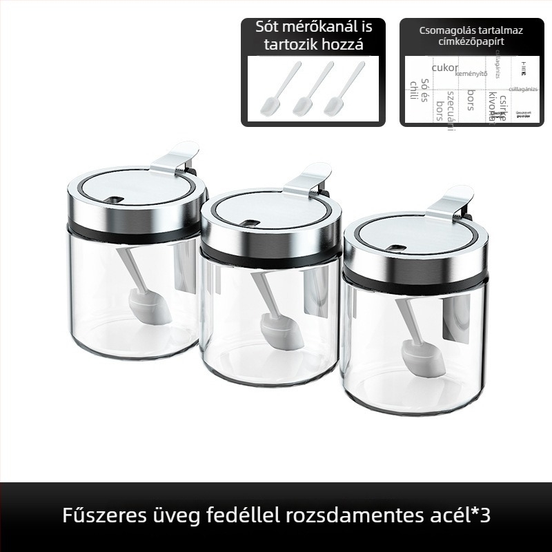 Üveg fűszeres tároló nedvességzáró fedéllel, nagy kapacitású sóhoz és borshoz, egyérintéses nyitás