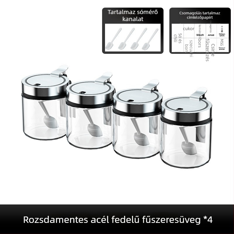 Üveg fűszeres tároló nedvességzáró fedéllel, nagy kapacitású sóhoz és borshoz, egyérintéses nyitás
