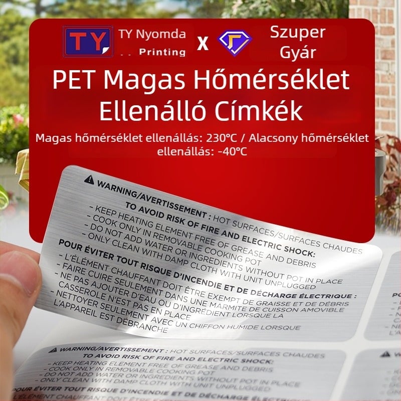 PET önragasztó magas hőmérsékletű címke, téglalap alakú, kültéri vízálló matrica, -40–280°C, vastagság testre szabható