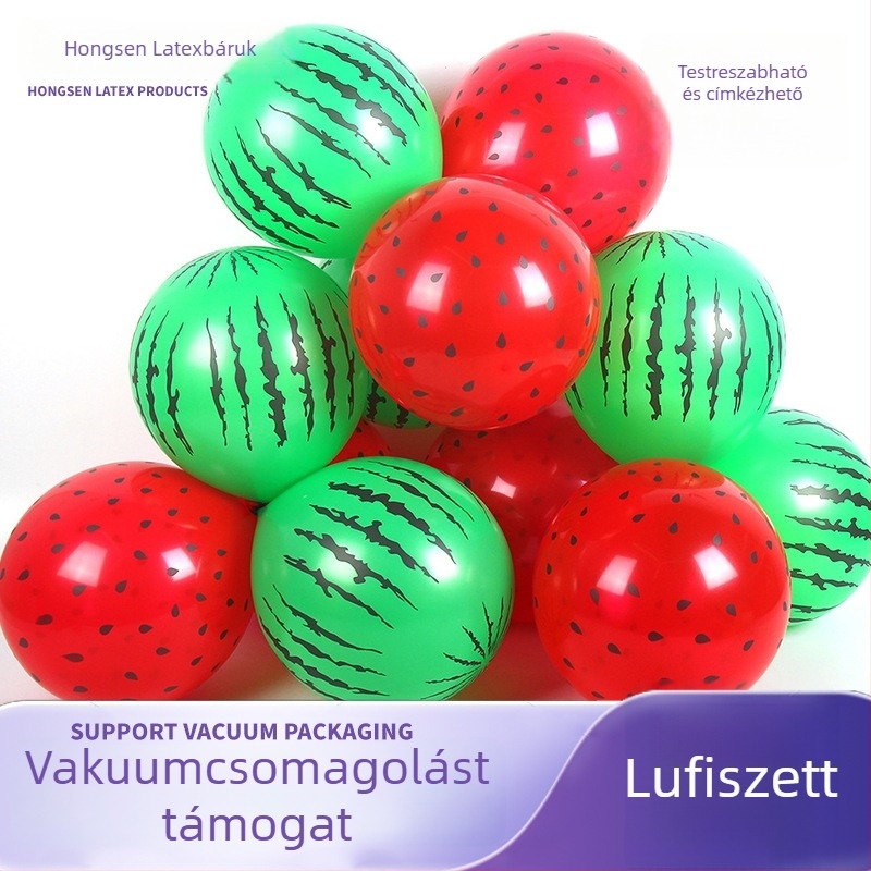 Latex dekorációs lufi, kerek formájú, Watermelon Strawberry nyomtatás, rajzfilm és geometria mintázat; születésnapra, kempingezésre, kínai Valentin-napra és Gyermeknapra