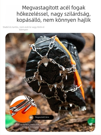 19-darabos rozsdamentes acél jégcsapók cipőre szerelhető lánccal – kempingezéshez, túrázáshoz és hegymászáshoz