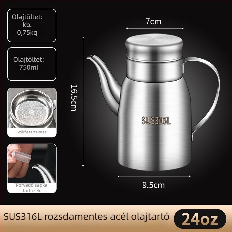 Olajtartó rozsdamentes acélból, modern minimalist dizájn, konyhai használatra
