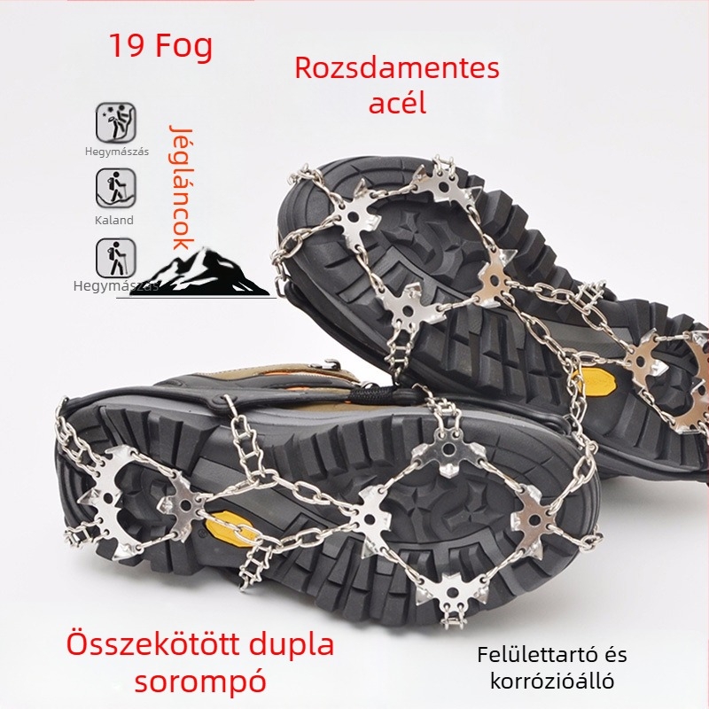 Kültéri megerősített csúszásmentes jégfogak, 19 fogú rozsdamentes acélból, csizmavédő a hegymászásra és a túrázásra