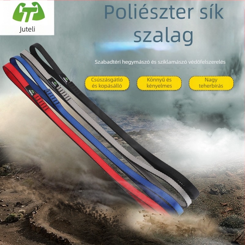 Juteli kötél – magas szakítószilárdságú kültéri biztonsági kötél hurokkal, szélesség 1,6–1,8 cm, vastagság 2,5 mm, teherbírás 2200