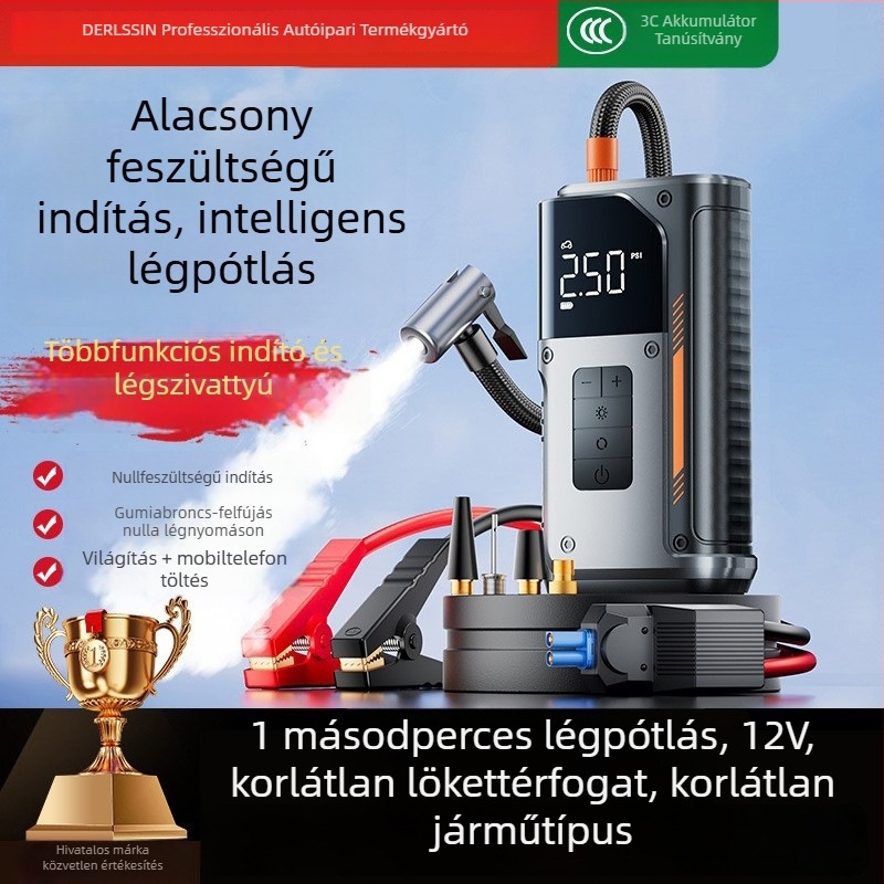12V-os autó akkumulátor vészstartoló indítóval és vezeték nélküli keréknyomás-szivattyúval – mindent egyben