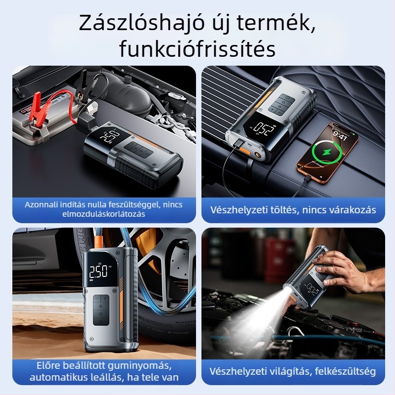 12V-os autó akkumulátor vészstartoló indítóval és vezeték nélküli keréknyomás-szivattyúval – mindent egyben