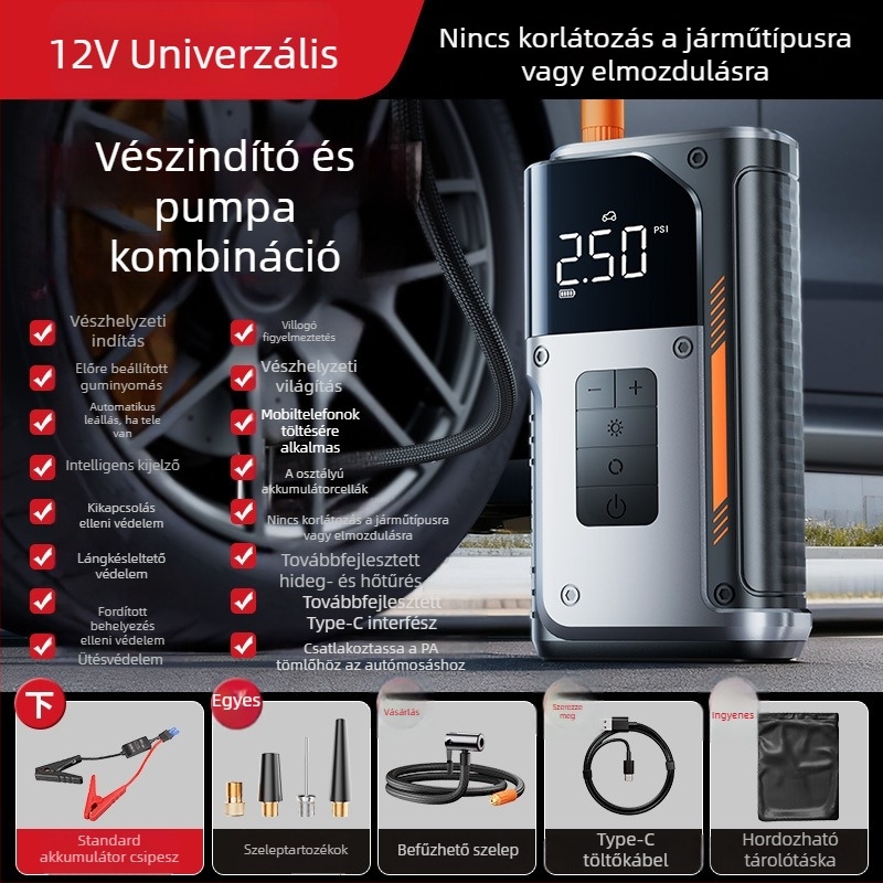 12V-os autó akkumulátor vészstartoló indítóval és vezeték nélküli keréknyomás-szivattyúval – mindent egyben