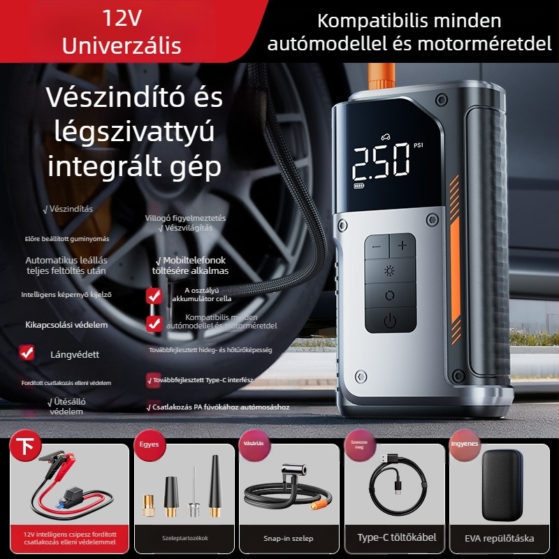 12V-os autó akkumulátor vészstartoló indítóval és vezeték nélküli keréknyomás-szivattyúval – mindent egyben