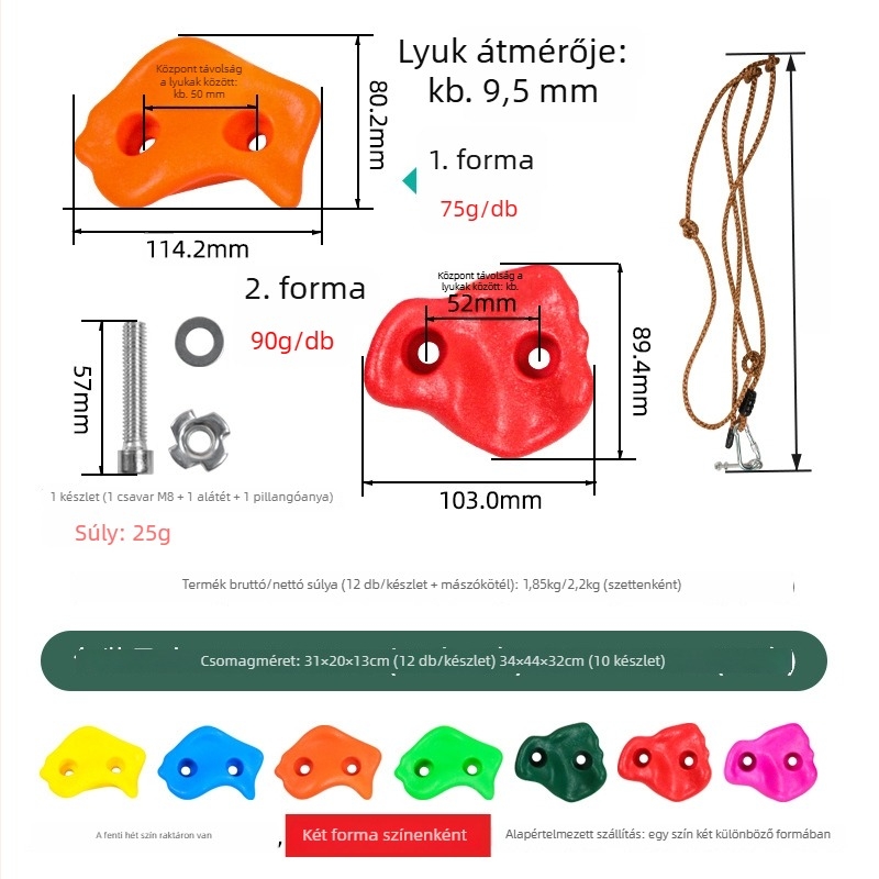 Bu Da La gyerekeknek szóló hegymászó kövek készlet - műanyag bel- és kültéri falmászó elemekhez, tartozék csavarokkal, modell BDL-CHS10.
