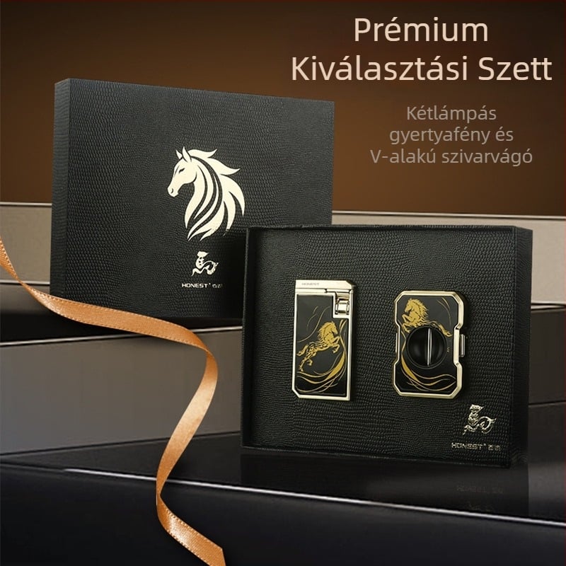 Szivar gyújtó duplalánggal és összecsukható V‑alakú szivarvágóval (fém szerkezet, bután üzem, szélálló, hordozható)