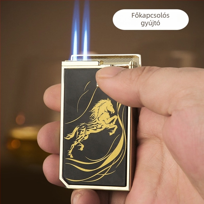 Szivar gyújtó duplalánggal és összecsukható V‑alakú szivarvágóval (fém szerkezet, bután üzem, szélálló, hordozható)