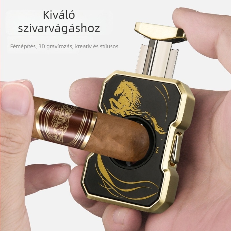 Szivar gyújtó duplalánggal és összecsukható V‑alakú szivarvágóval (fém szerkezet, bután üzem, szélálló, hordozható)