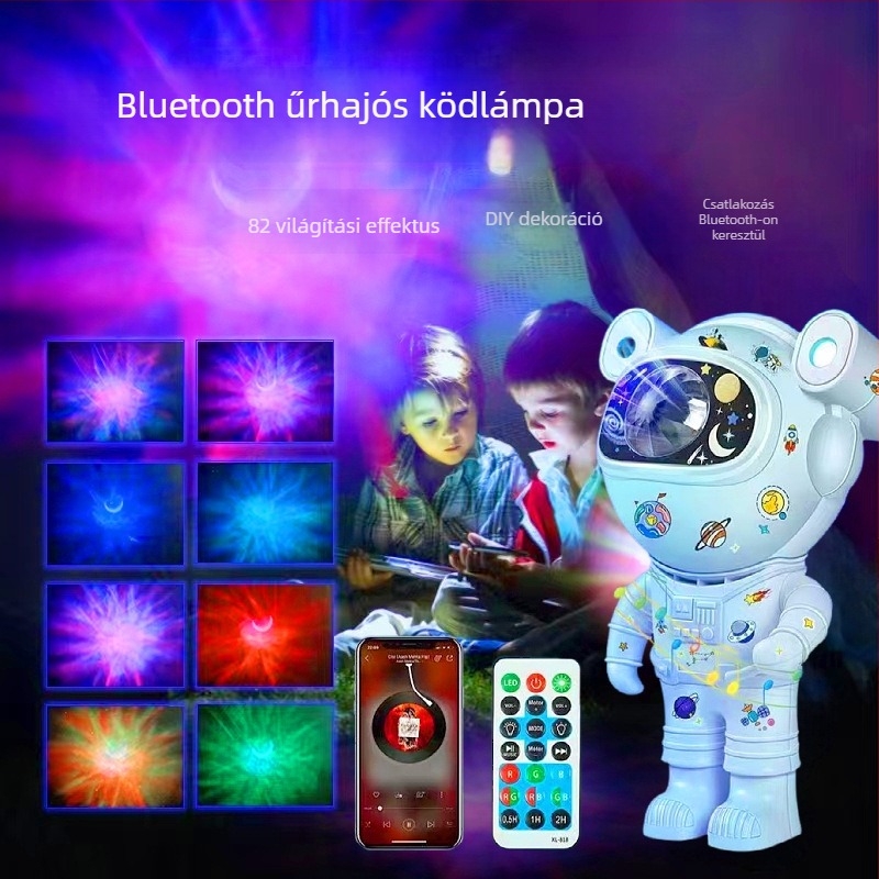 Hangvezérléses űrhajós vetítő lámpa, auróra és csillagos ég atmoszférával, Bluetooth zenei projektor, éjjeli fény