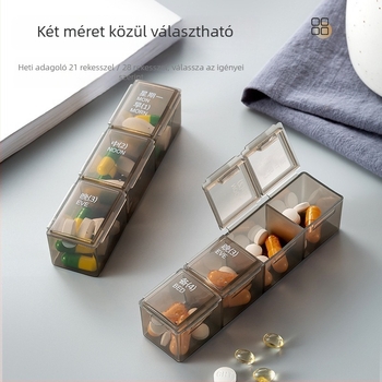Gyógyszeres doboz rekeszekkel és fedéllel, 21–28 rekesz, 1 L kapacitás, anyagok: ABS/PP/szilikon