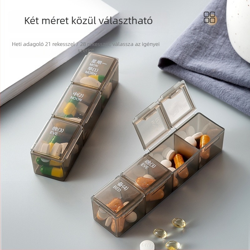 Gyógyszeres doboz rekeszekkel és fedéllel, 21–28 rekesz, 1 L kapacitás, anyagok: ABS/PP/szilikon