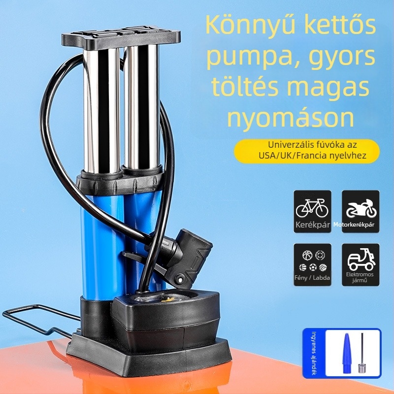 Kéthengeres lábpedálos kerékpárpumpa manométerrel, hordozható