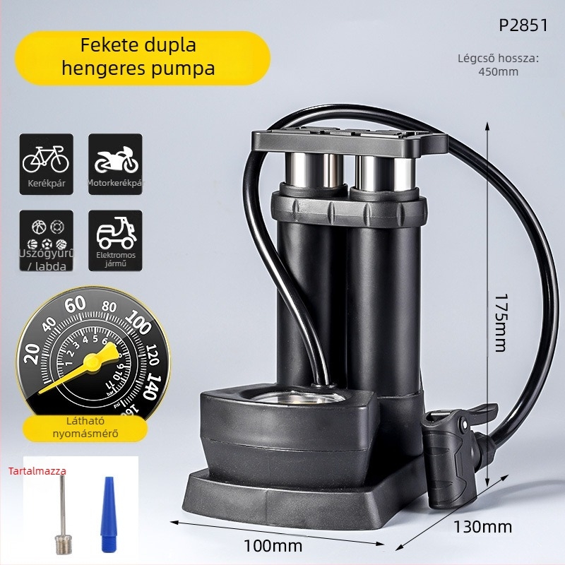 Kéthengeres lábpedálos kerékpárpumpa manométerrel, hordozható