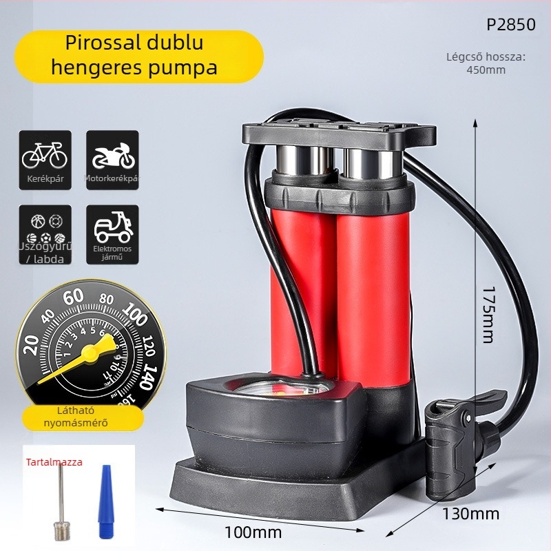 Kéthengeres lábpedálos kerékpárpumpa manométerrel, hordozható
