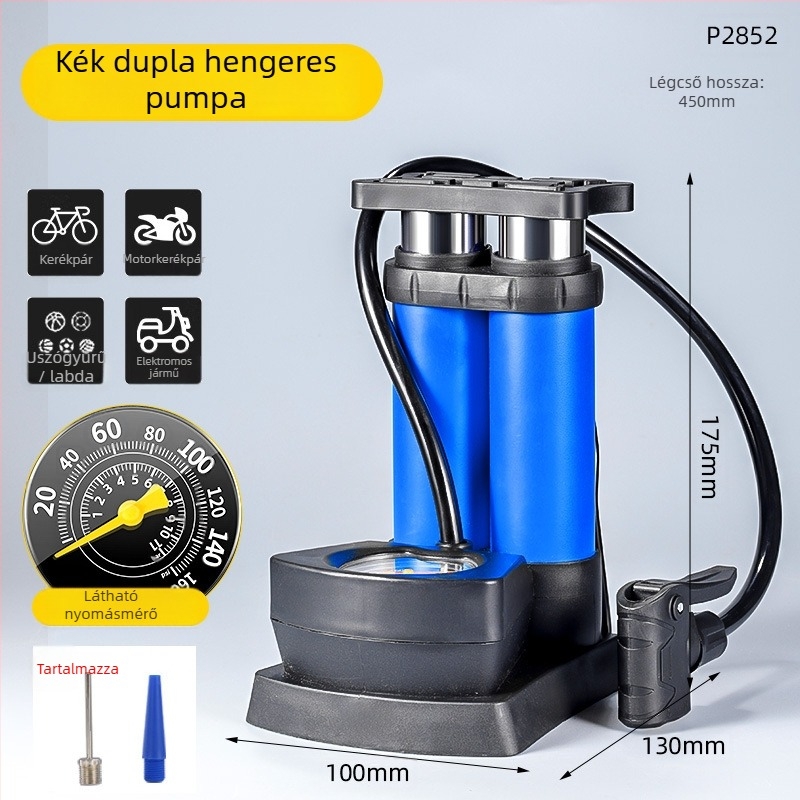 Kéthengeres lábpedálos kerékpárpumpa manométerrel, hordozható