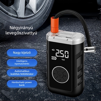 Autó légpumpa kettős áramellátással, vezeték nélküli, digitális LCD kijelző, gumiabroncsnyomás mérés, USB töltés