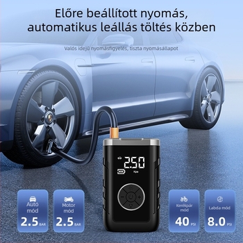 Autó légpumpa kettős áramellátással, vezeték nélküli, digitális LCD kijelző, gumiabroncsnyomás mérés, USB töltés