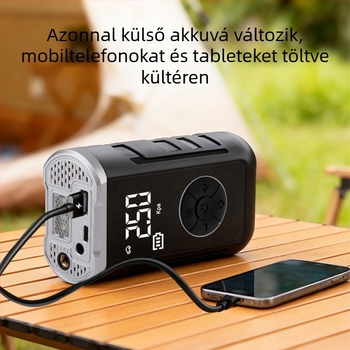Autó légpumpa kettős áramellátással, vezeték nélküli, digitális LCD kijelző, gumiabroncsnyomás mérés, USB töltés