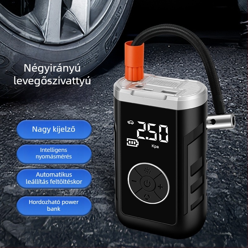 Autó légpumpa kettős áramellátással, vezeték nélküli, digitális LCD kijelző, gumiabroncsnyomás mérés, USB töltés