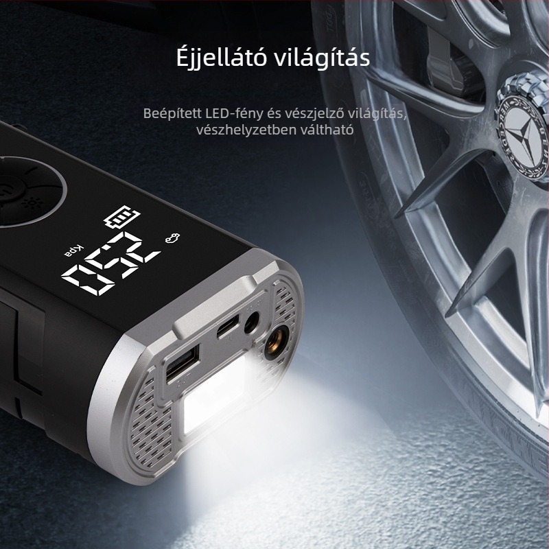 Autó légpumpa kettős áramellátással, vezeték nélküli, digitális LCD kijelző, gumiabroncsnyomás mérés, USB töltés