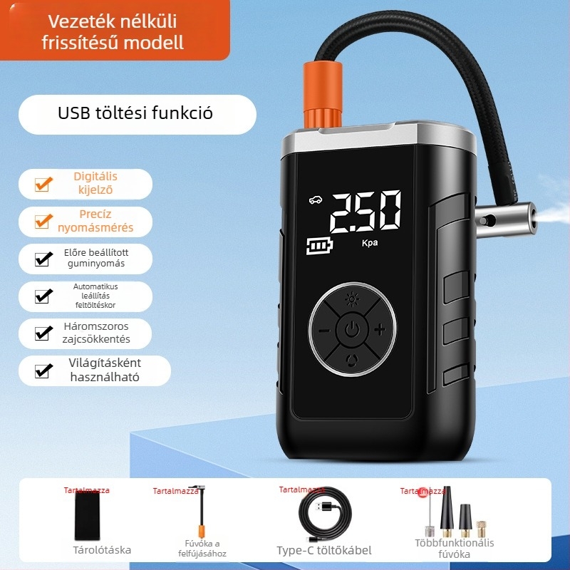 Autó légpumpa kettős áramellátással, vezeték nélküli, digitális LCD kijelző, gumiabroncsnyomás mérés, USB töltés