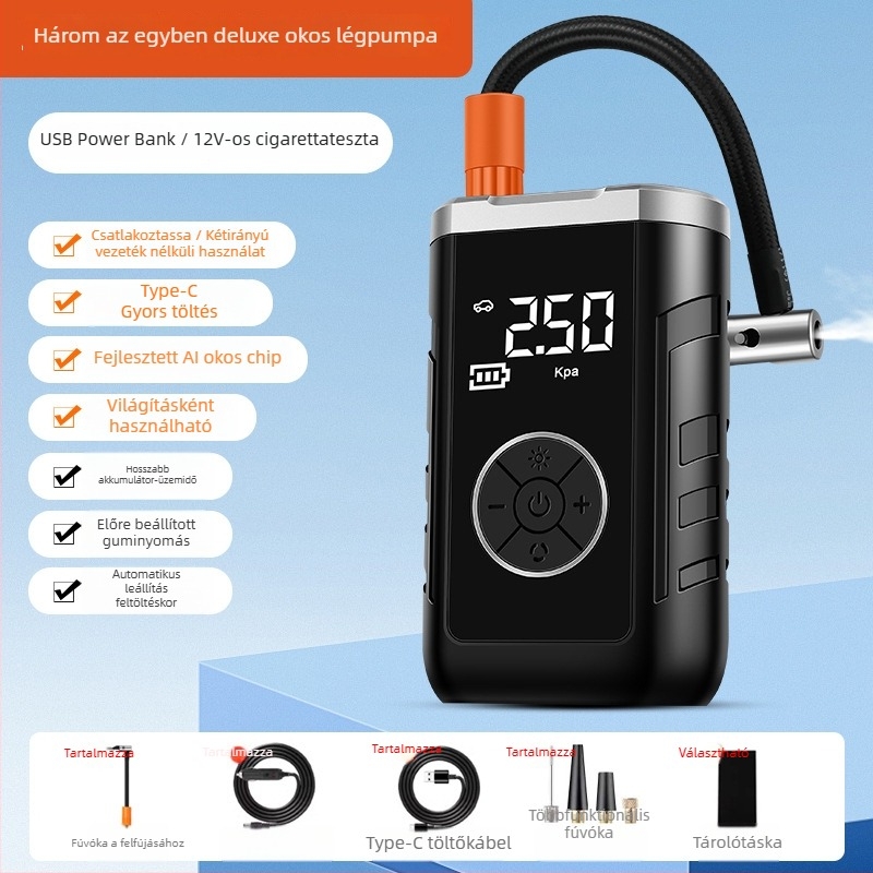 Autó légpumpa kettős áramellátással, vezeték nélküli, digitális LCD kijelző, gumiabroncsnyomás mérés, USB töltés